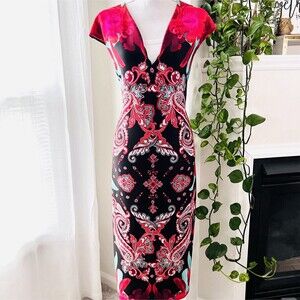 Women's Midi Dress - Red & Black Paisley V-Neck